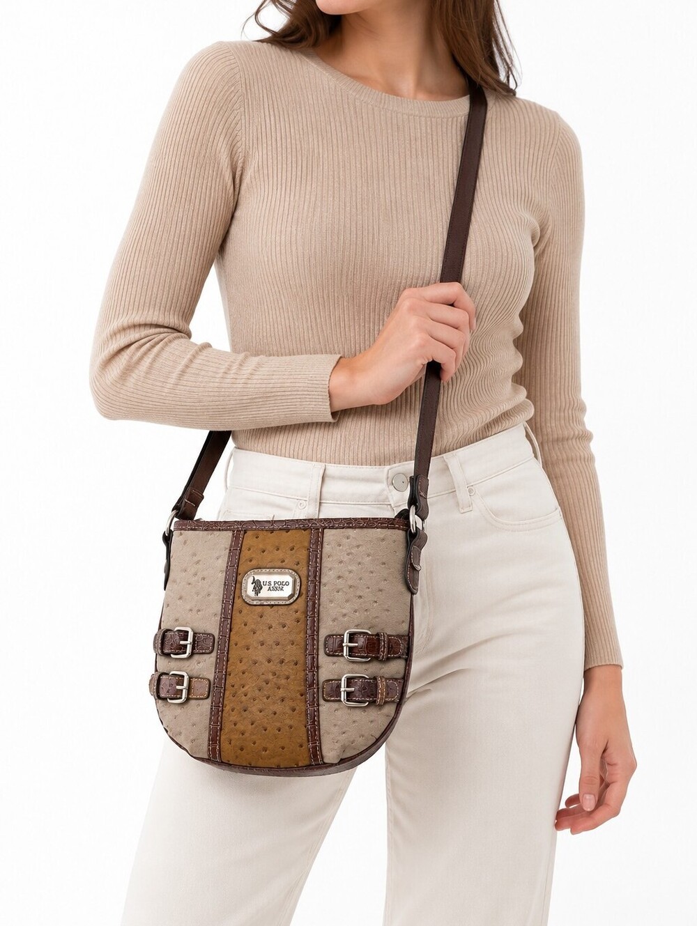 U.S. Polo Assn Crossbody Bag Faux Ostrich Croc Beige Brown Buckle Y2K